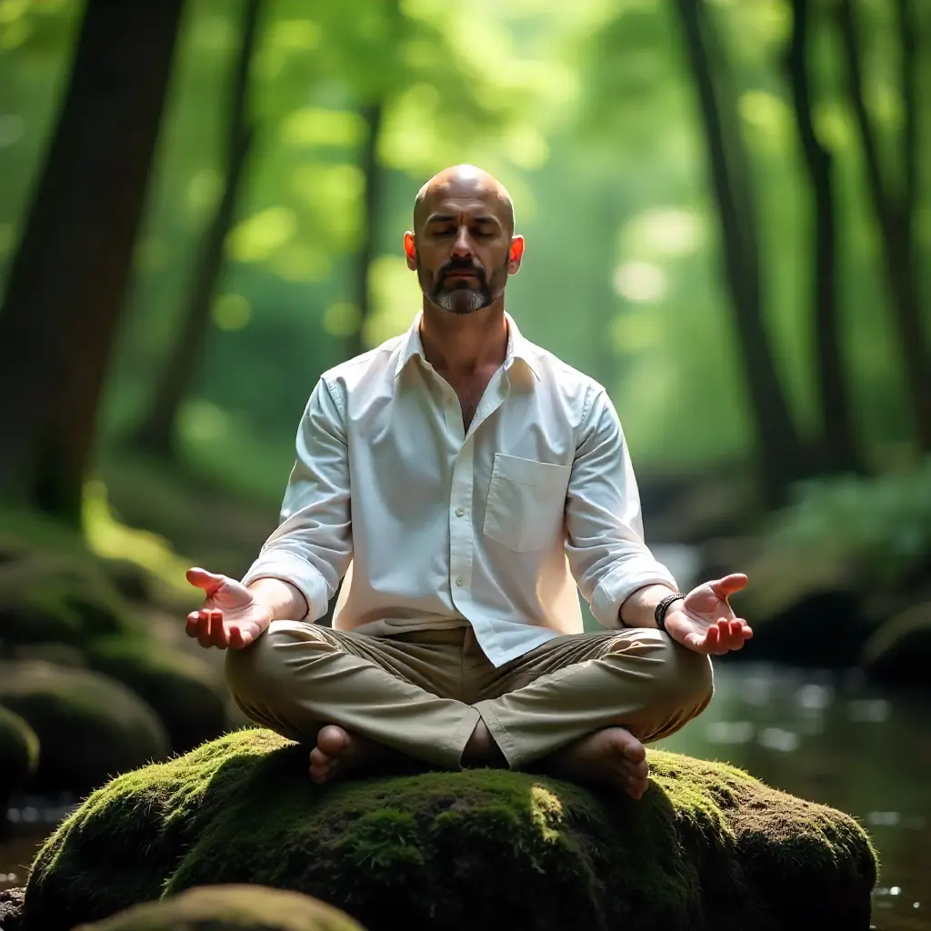 Person performing tinnitus relief exercises with deep breathing technique for stress reduction and ear ringing management