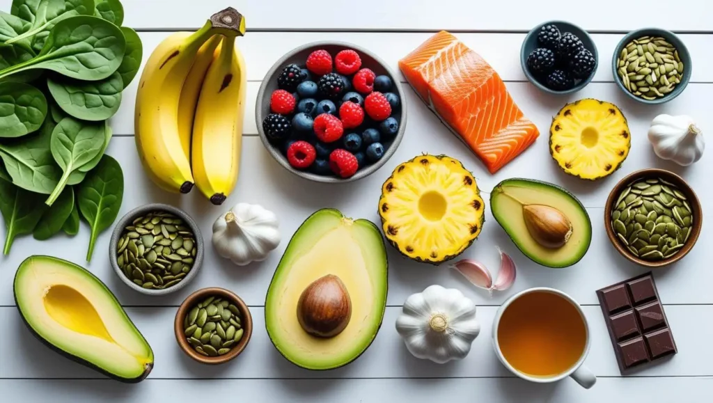 Foods that help tinnitus naturally including spinach, salmon, berries arranged on white background