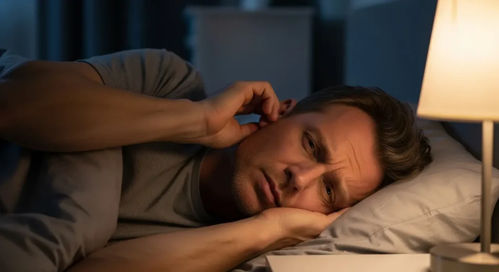 Person experiencing tinnitus ear ringing at night in bedroom
