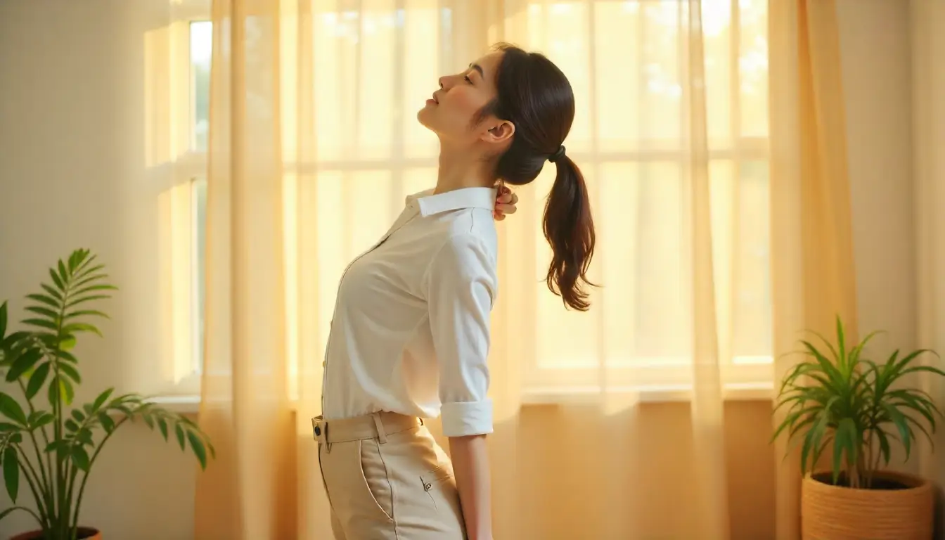 Woman performing gentle neck stretch exercise for tinnitus relief