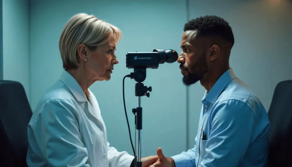 Audiologist conducting hearing test for tinnitus and hearing loss evaluation