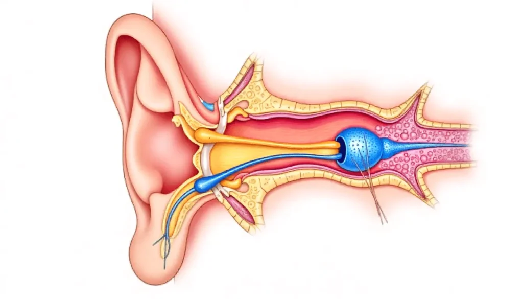 Cross-section diagram of human ear anatomy showing inner ear hair cells and cochlea
