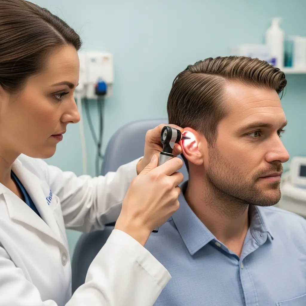 Doctor examining patient's ear for tinnitus evaluation and hearing assessment