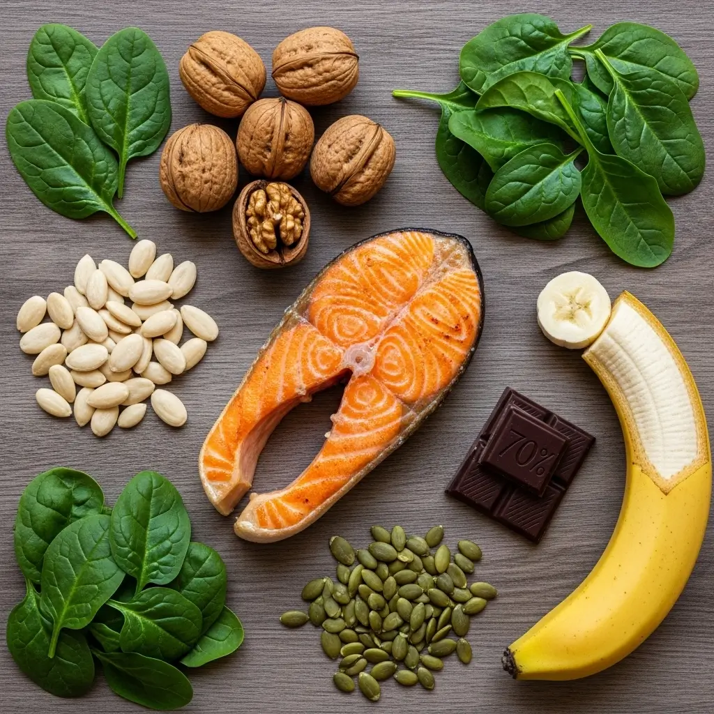 Nutritious foods for hearing health including salmon, spinach, nuts, and dark chocolate