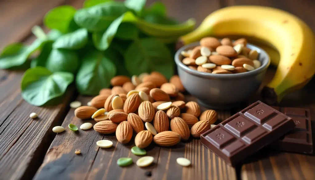Magnesium-rich foods including spinach, almonds, pumpkin seeds, dark chocolate and bananas arranged on wooden surface