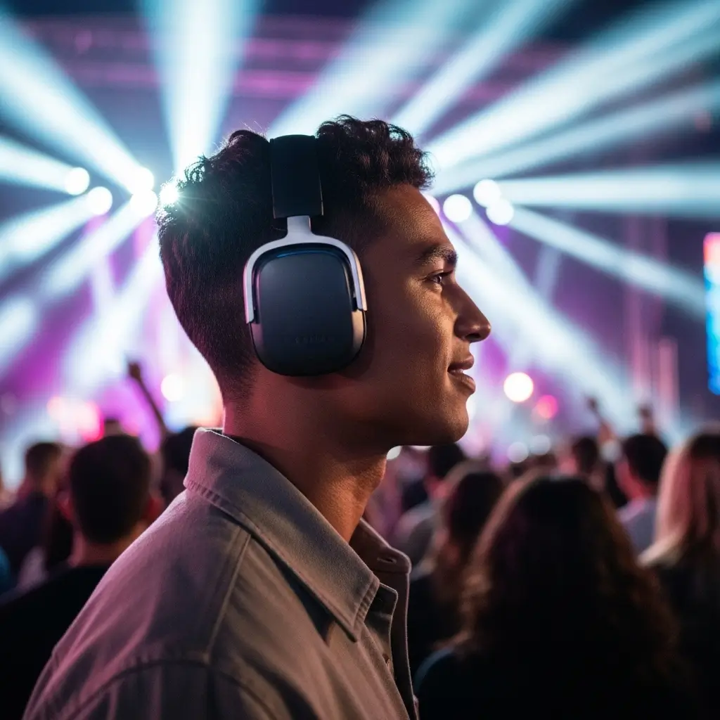 Person wearing hearing protection to prevent ear ringing episodes