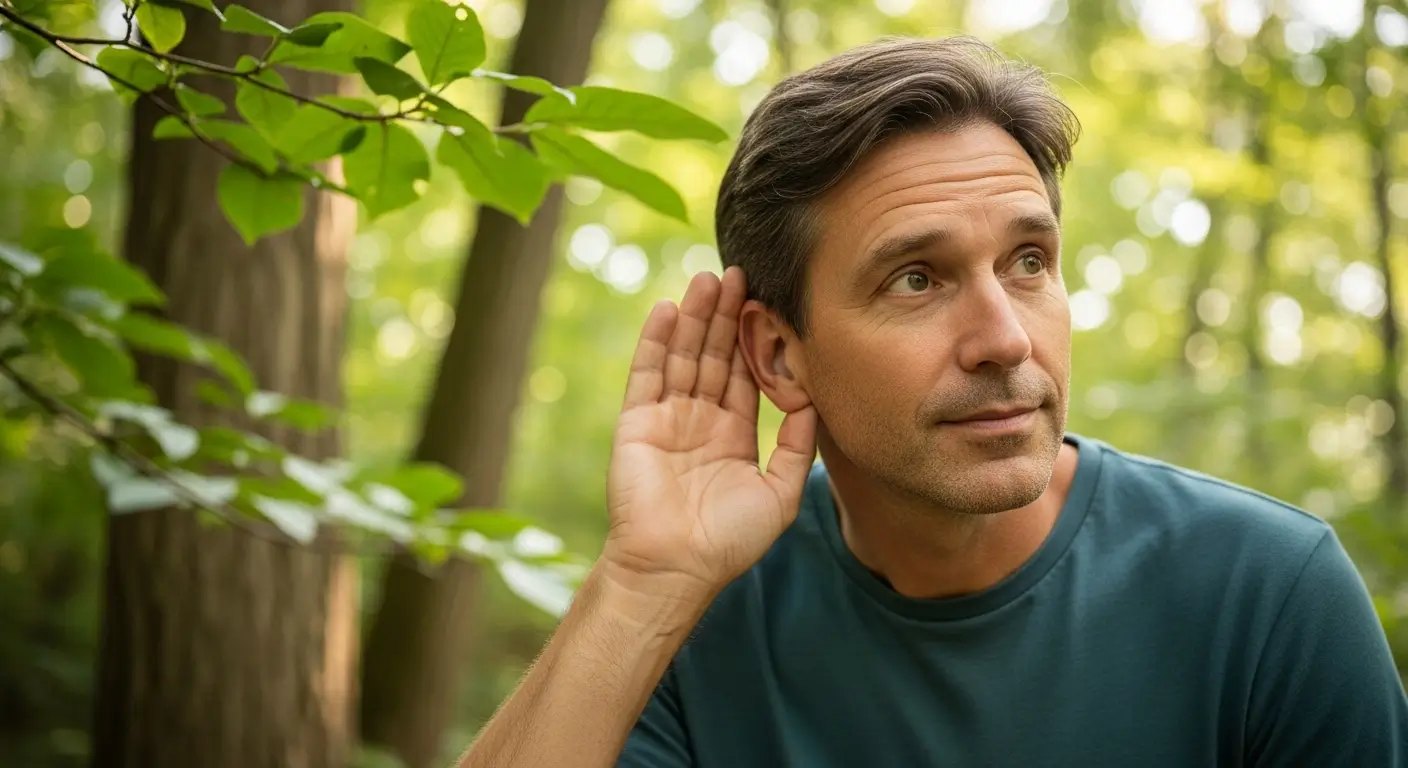 Person improving hearing naturally by listening carefully in peaceful outdoor environment