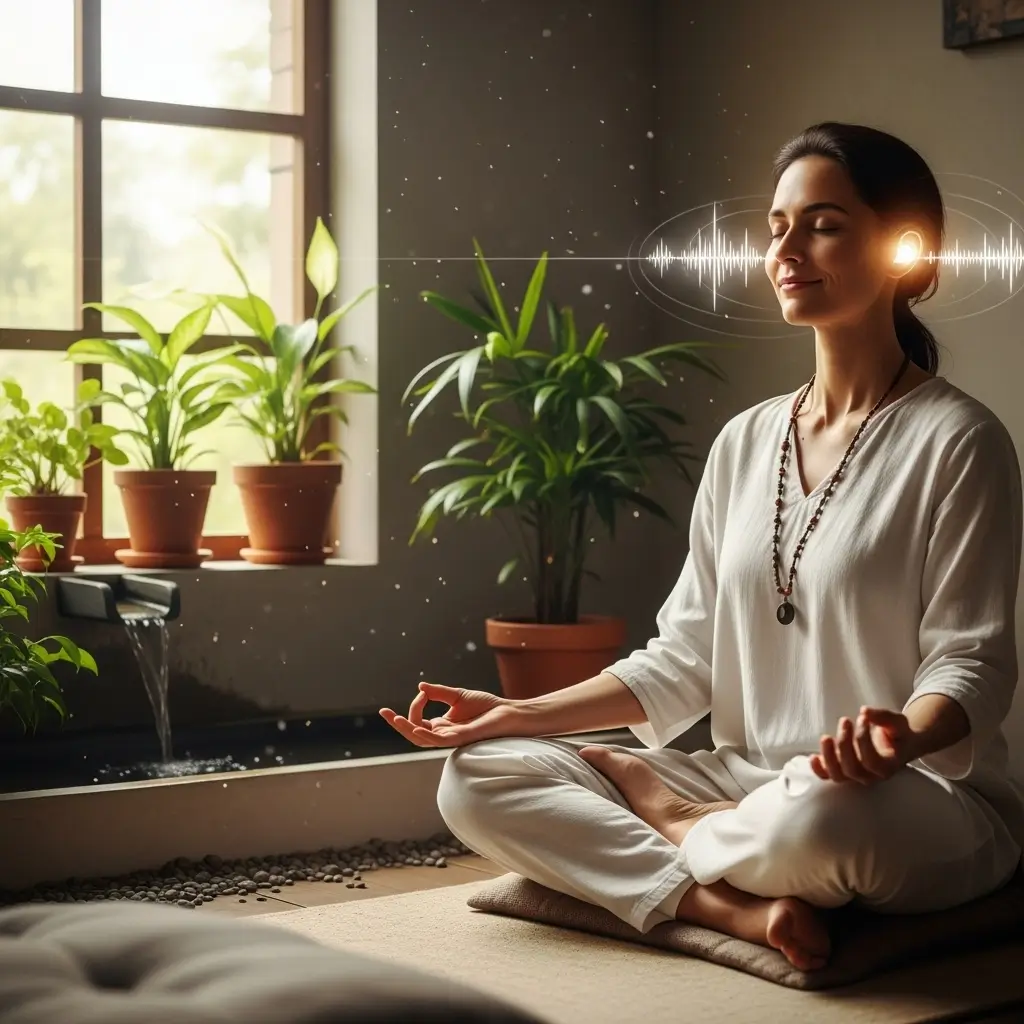 Person practicing meditation for stress reduction and better hearing health