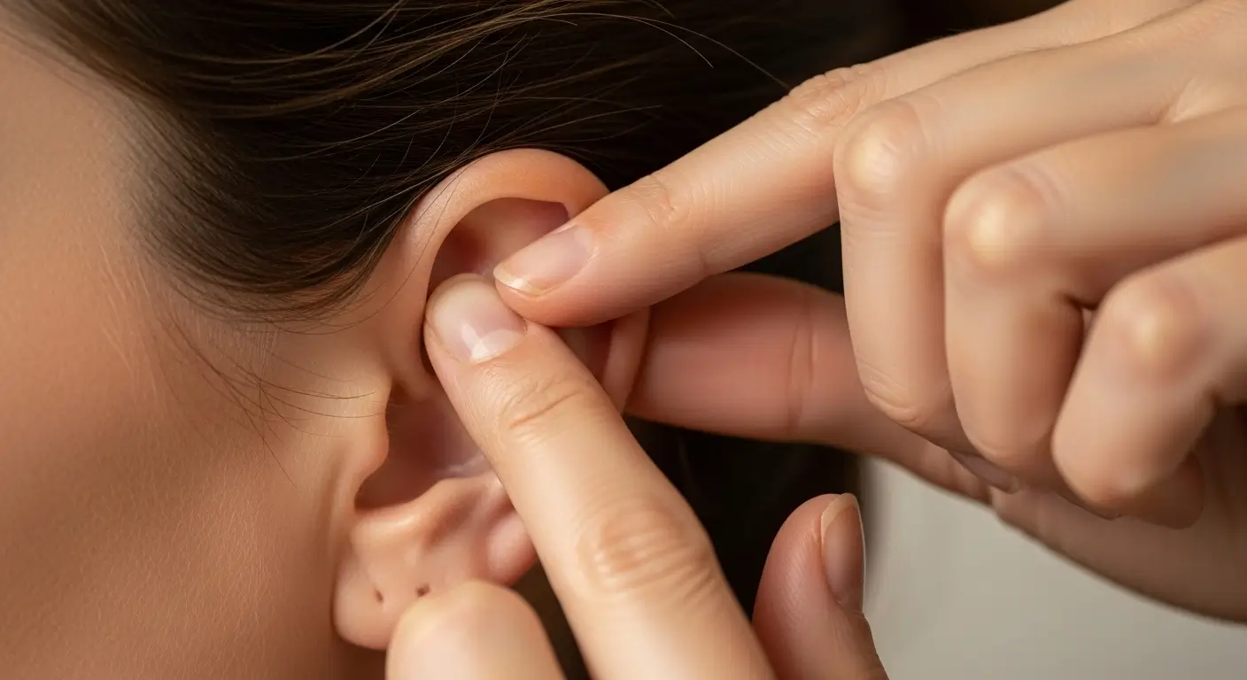 Person demonstrating acupressure technique for tinnitus relief on ear pressure point