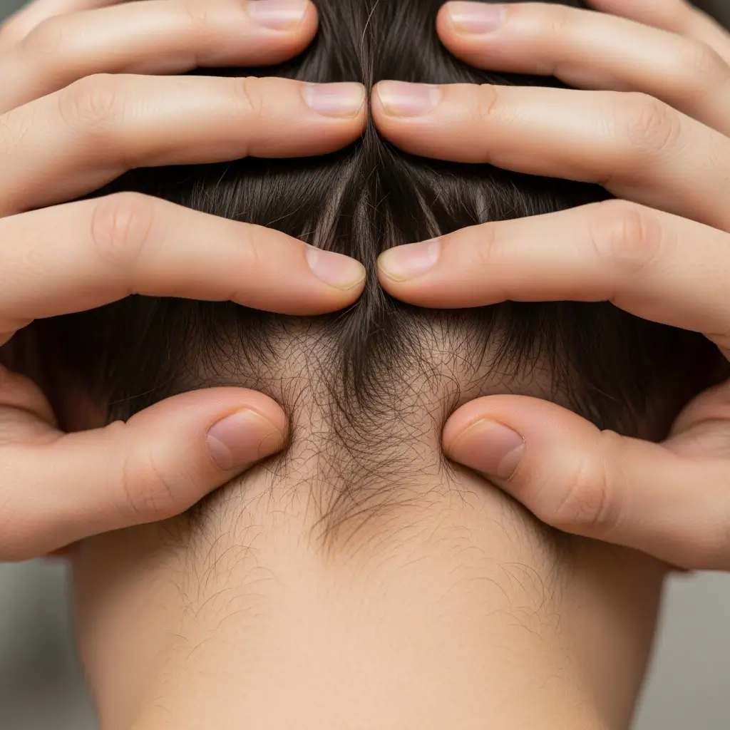 Proper hand positioning for applying pressure to Feng Chi acupressure points for tinnitus