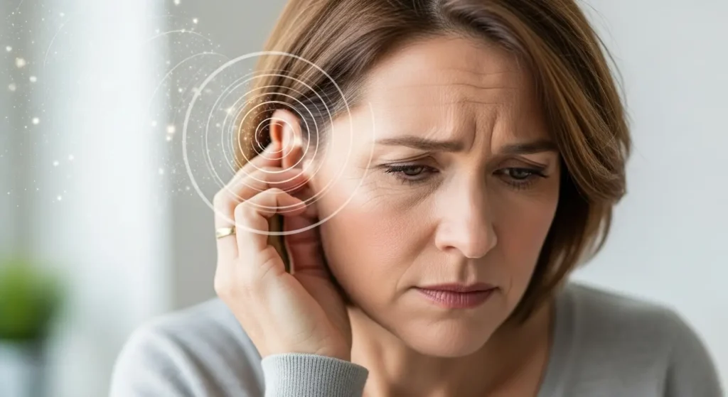 Person experiencing tinnitus symptoms holding ear with sound wave visualization