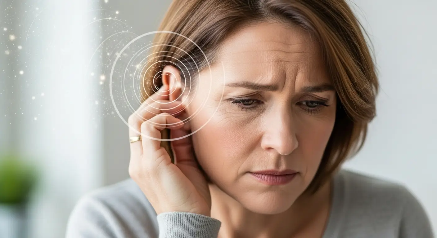 Person experiencing tinnitus symptoms holding ear with sound wave visualization