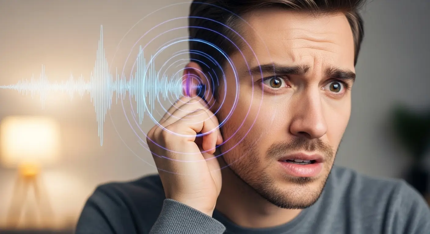Person experiencing tinnitus from ear infection holding their ear in discomfort