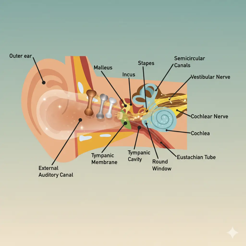 Inner ear anatomy showing how tinnitus affects the auditory nerve and cochlea