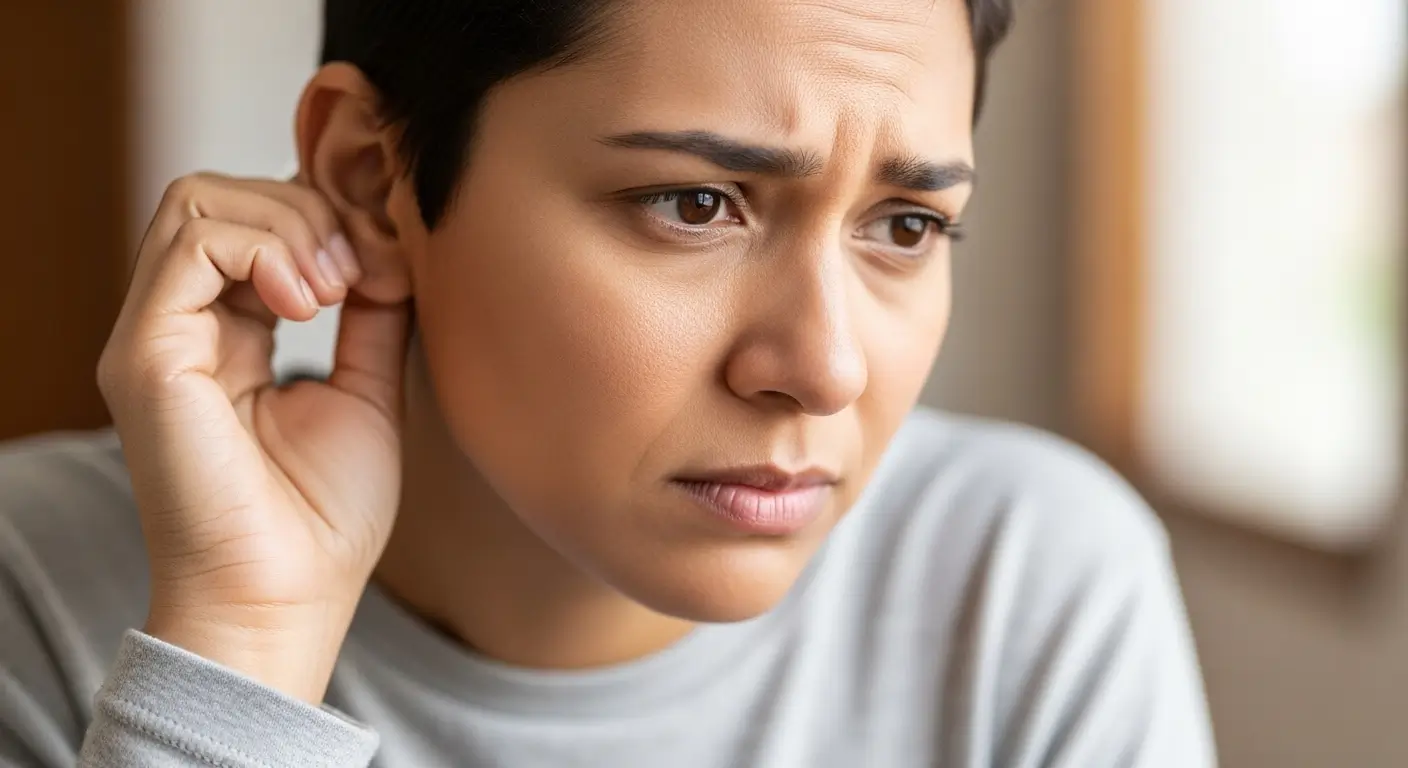 Person experiencing tinnitus symptoms from earwax buildup