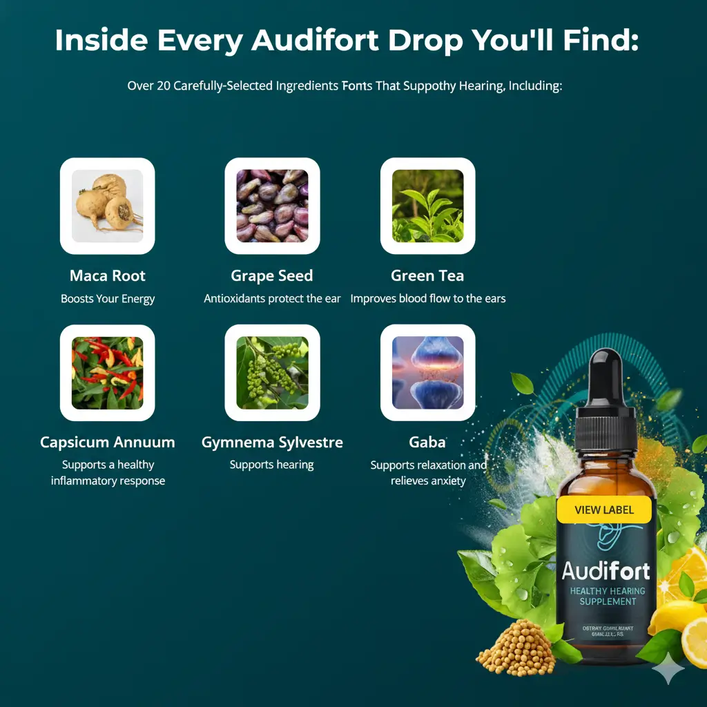 Natural ingredients in Audifort supplement for tinnitus relief - maca root, green tea, grape seed