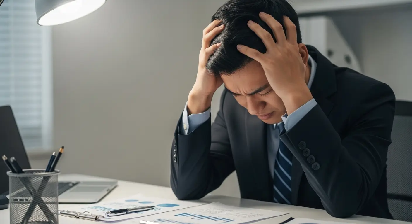 Can stress cause tinnitus? Man with stress-related ear ringing at work