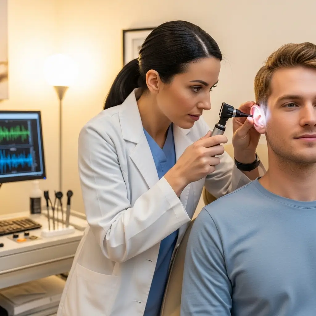 Audiologist diagnosing patient to determine if tinnitus is permanent or temporary hearing condition.