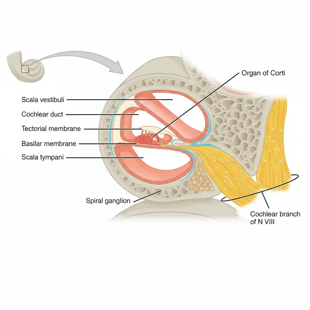 Inner ear hair cells diagram showing how loud noise causes tinnitus