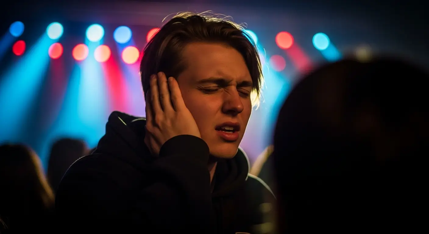 Person experiencing tinnitus after a loud concert with ringing ears