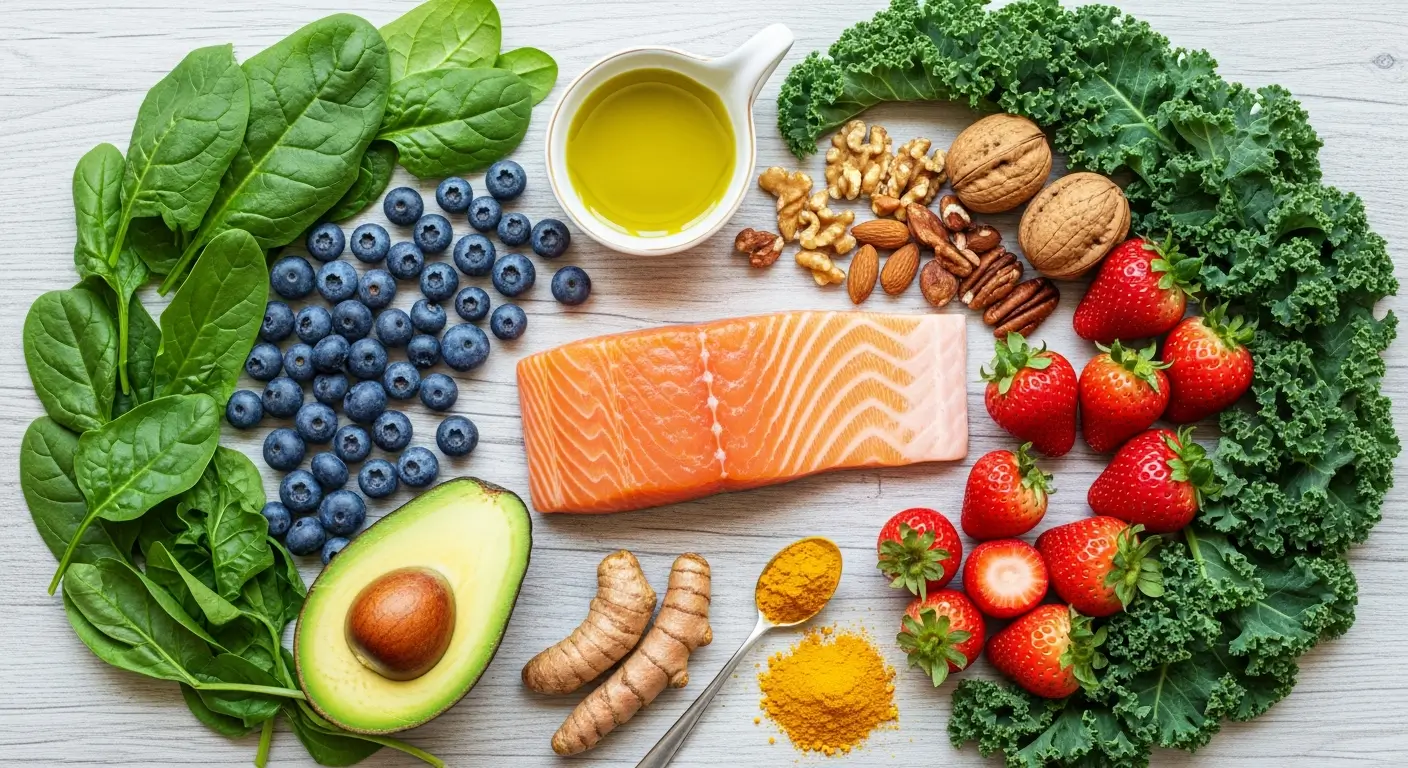 Anti inflammatory diet for tinnitus: foods for tinnitus relief including salmon, berries, leafy greens, nuts, and turmeric
