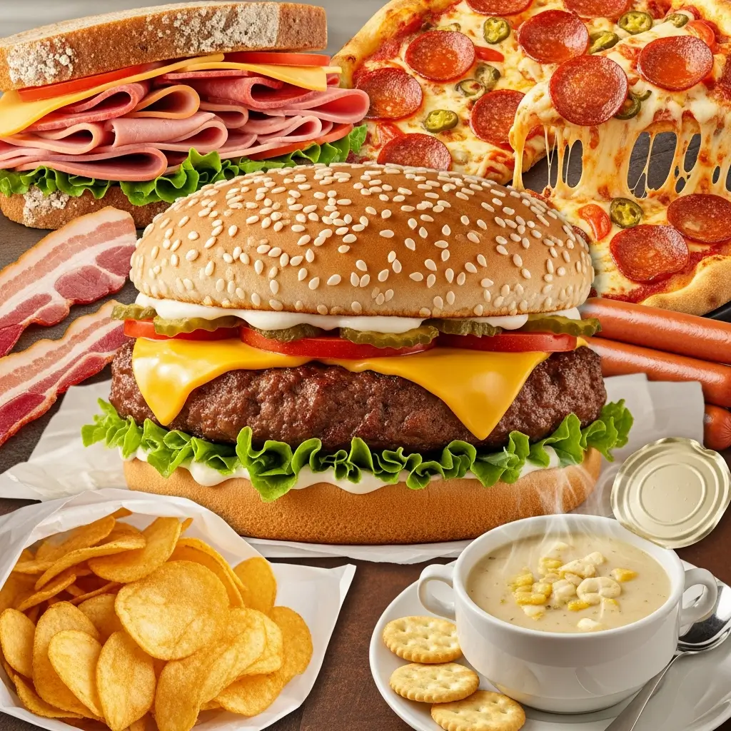 Common high-sodium foods that can trigger tinnitus symptoms including processed meats, chips, and fast food