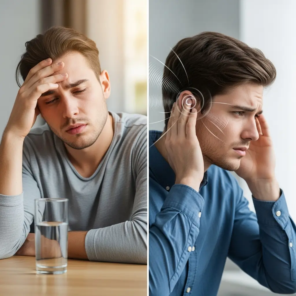 Common symptoms of dehydration that can worsen tinnitus including dizziness and fatigue