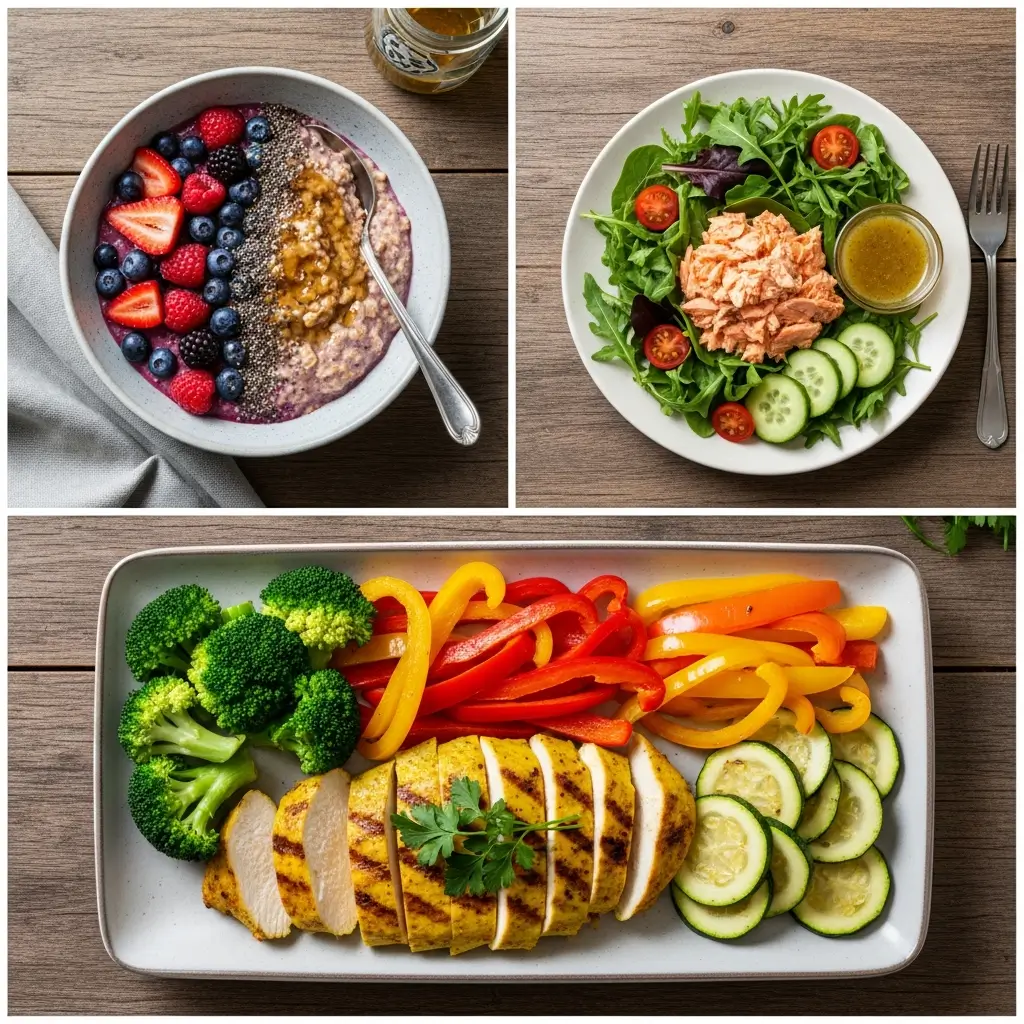 One-day anti-inflammatory meal plan for tinnitus including berry oatmeal, salmon salad, and turmeric chicken