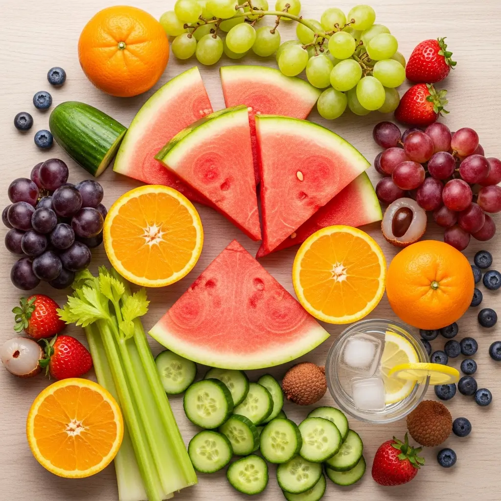 Water-rich foods including cucumber, watermelon, and oranges that support ear health