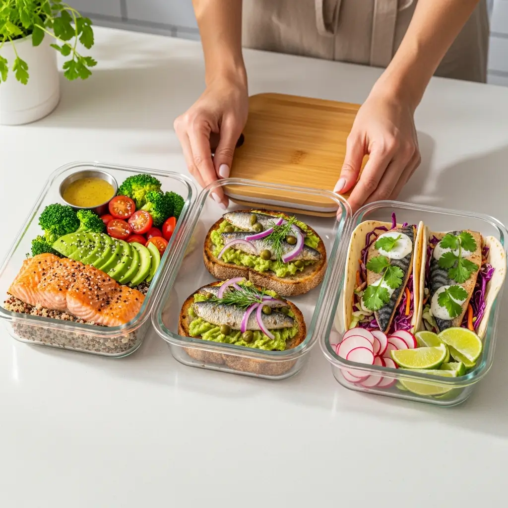 Weekly meal prep featuring omega-3 rich meals including salmon bowl, sardine toast and fish tacos
