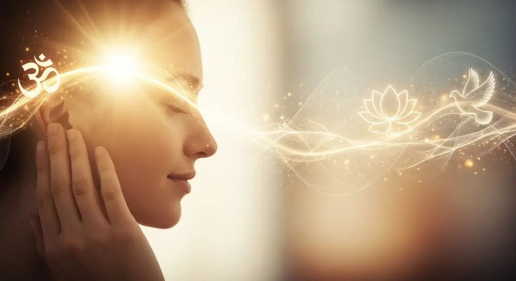 Woman experiencing random ringing in right ear with spiritual energy and divine light