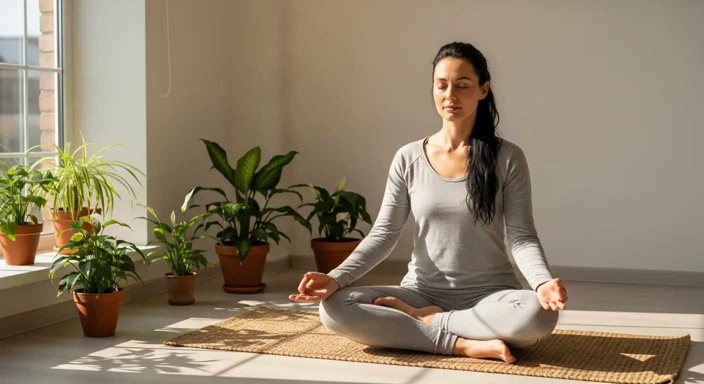Woman practicing yoga for tinnitus relief in peaceful meditation pose