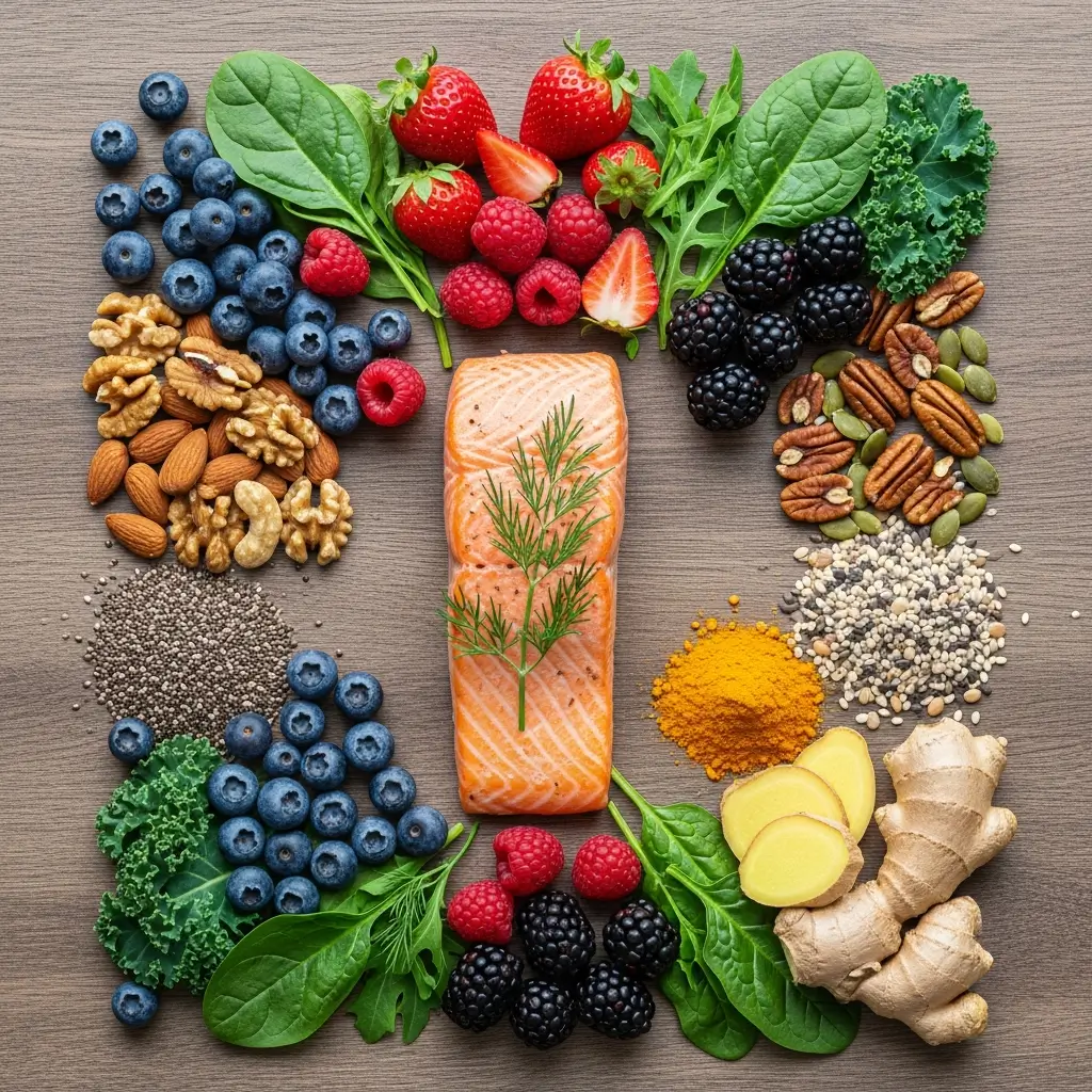 Anti-inflammatory foods for tinnitus relief including salmon, berries, leafy greens, and nuts