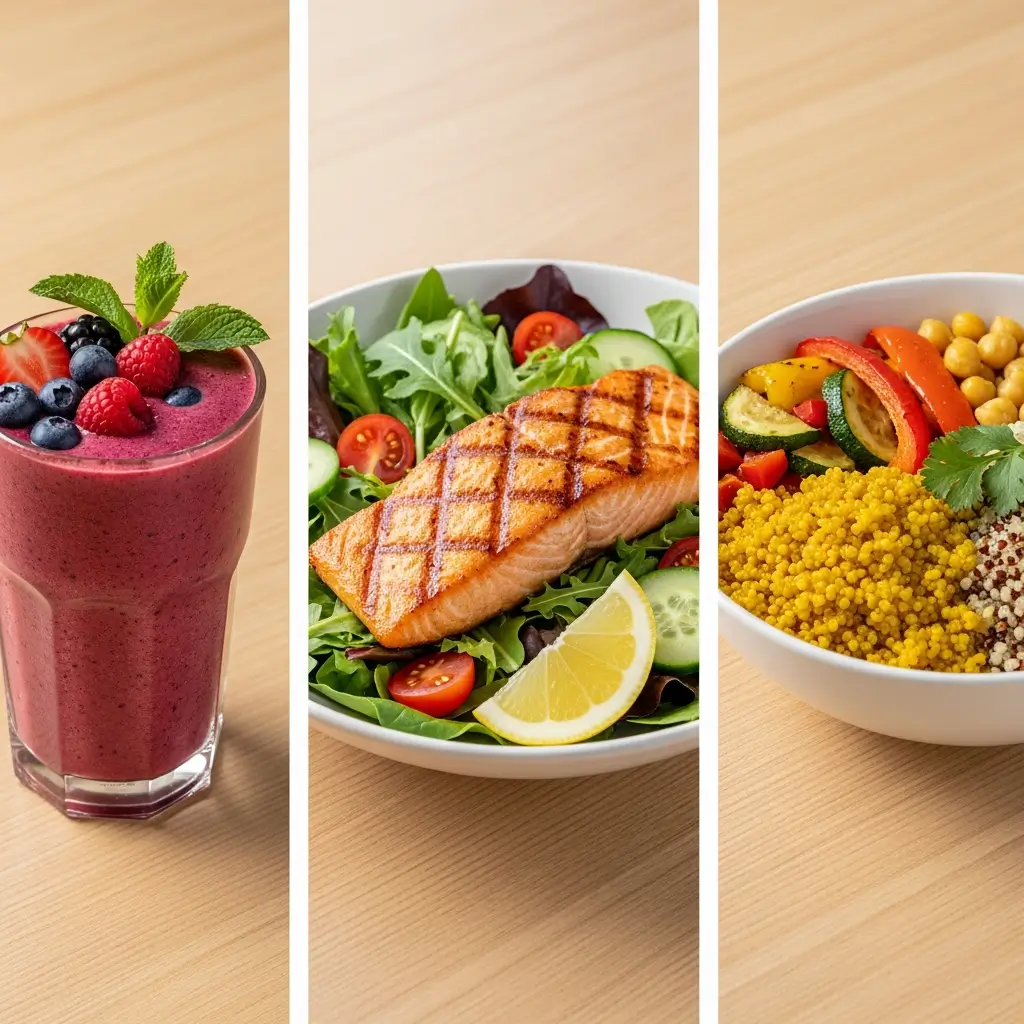 Daily meal plan featuring antioxidant-rich foods for tinnitus management including smoothie, salmon salad, and quinoa bowl