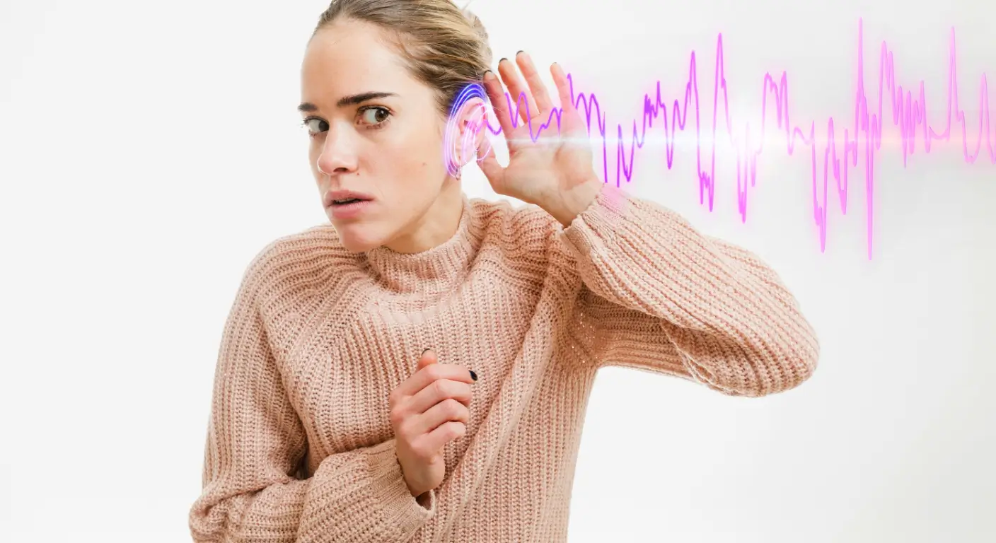 Woman experiencing pulsatile tinnitus in one ear only with sound wave visualization