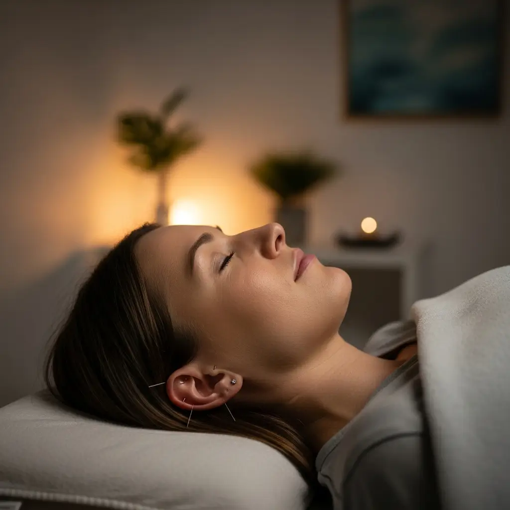 Patient relaxing during acupuncture for tinnitus session with licensed practitioner