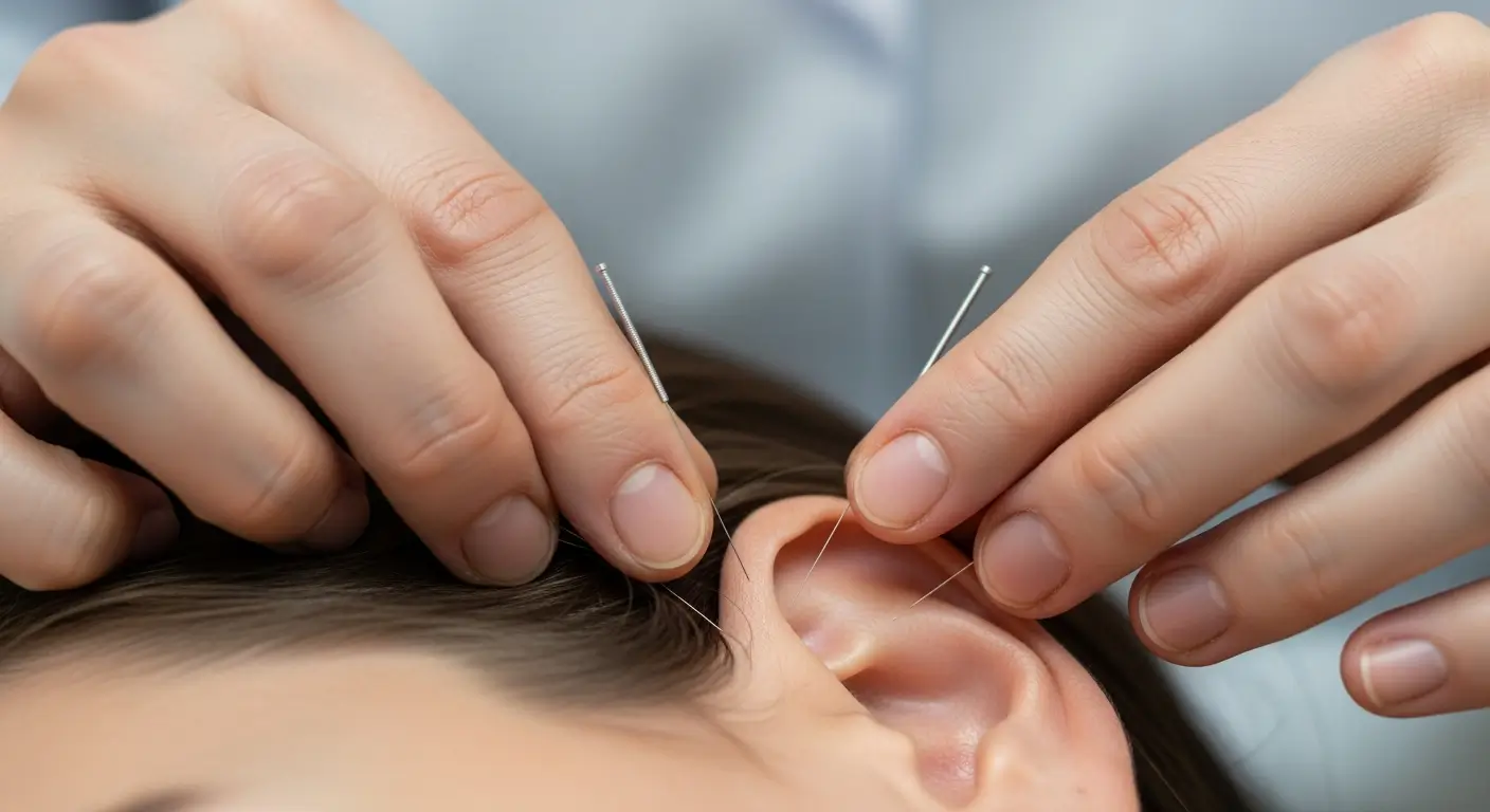 Professional acupuncture for tinnitus treatment showing needle placement near ear