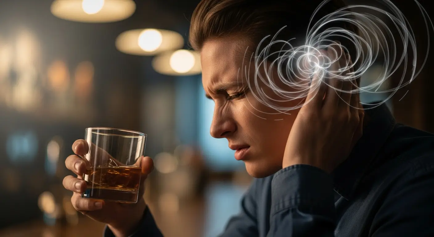 Person holding head experiencing alcohol and tinnitus ear ringing after drinking