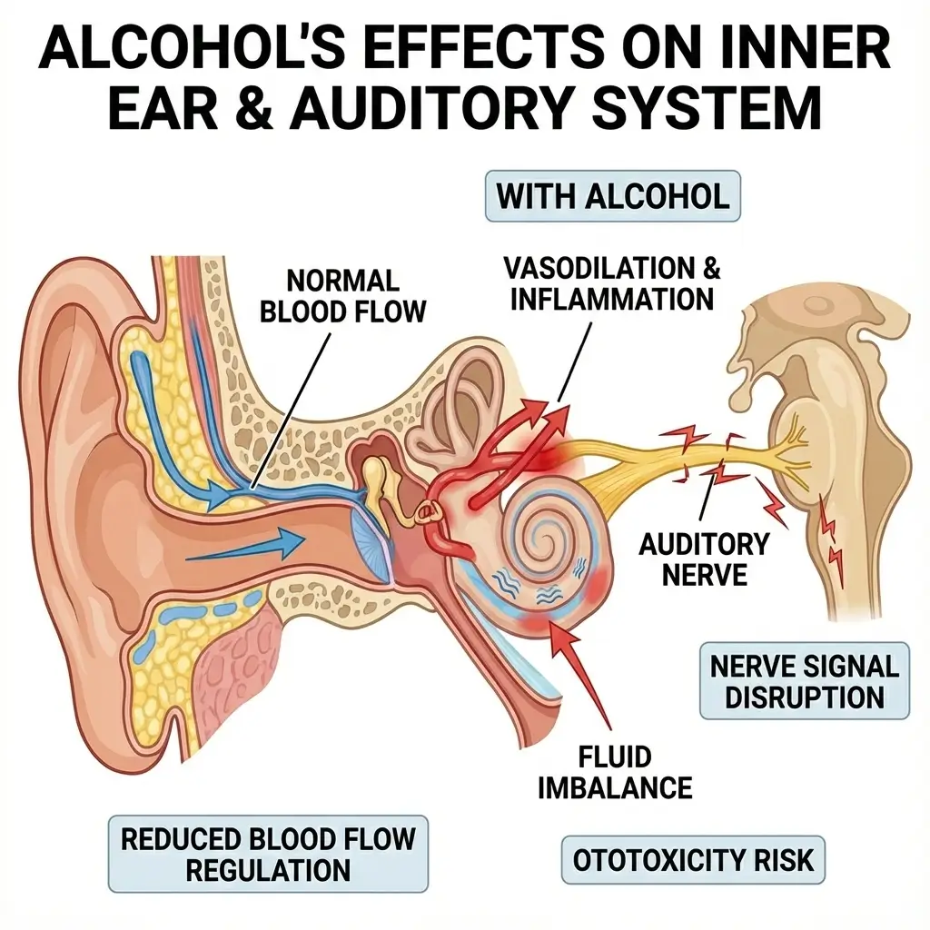 Infographic showing how alcohol and tinnitus are connected through inner ear blood vessel changes