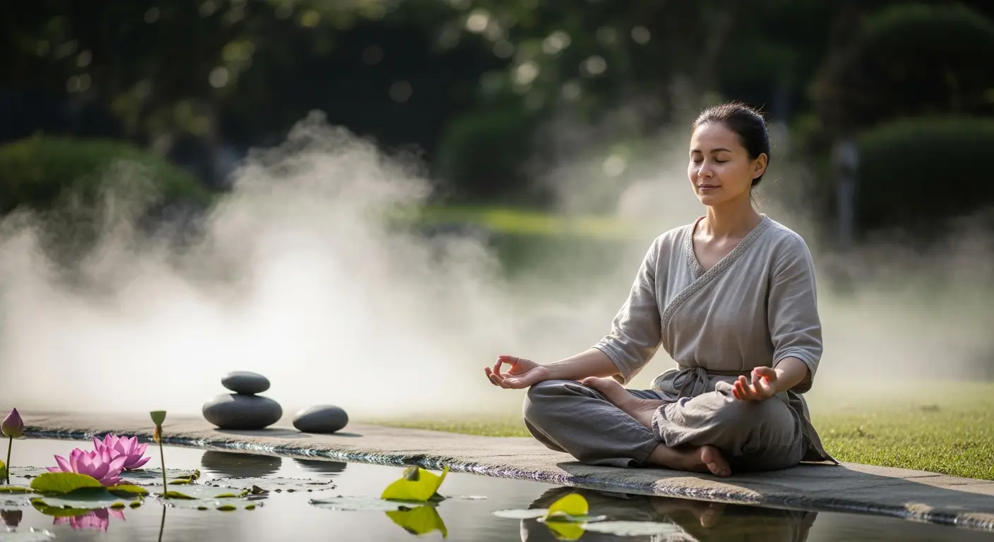 Woman practicing meditation for tinnitus relief in peaceful environment