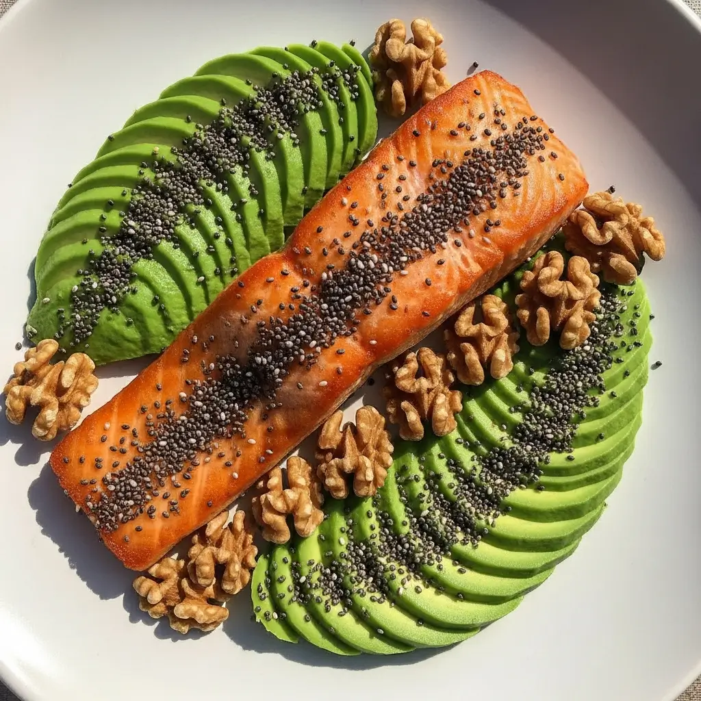 Omega-3 rich foods for tinnitus relief - salmon, walnuts, chia seeds, and avocado in low carb diet