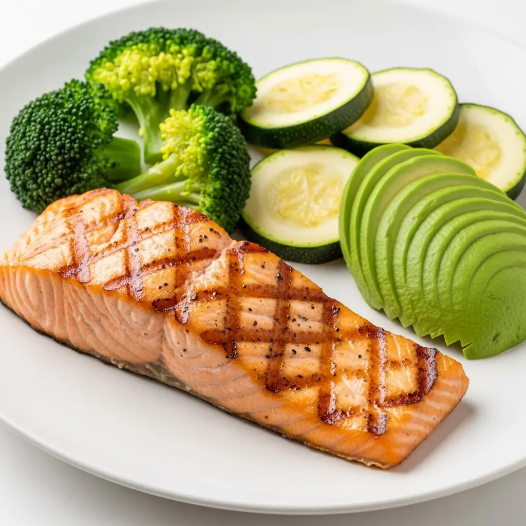 Ear diet for tinnitus meal featuring grilled salmon with low carb vegetables and healthy fats