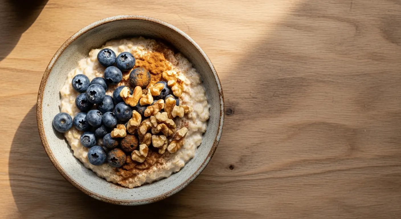 oatmeal and tinnitus healthy breakfast: Bowl of steel-cut oatmeal topped with berries and nuts
