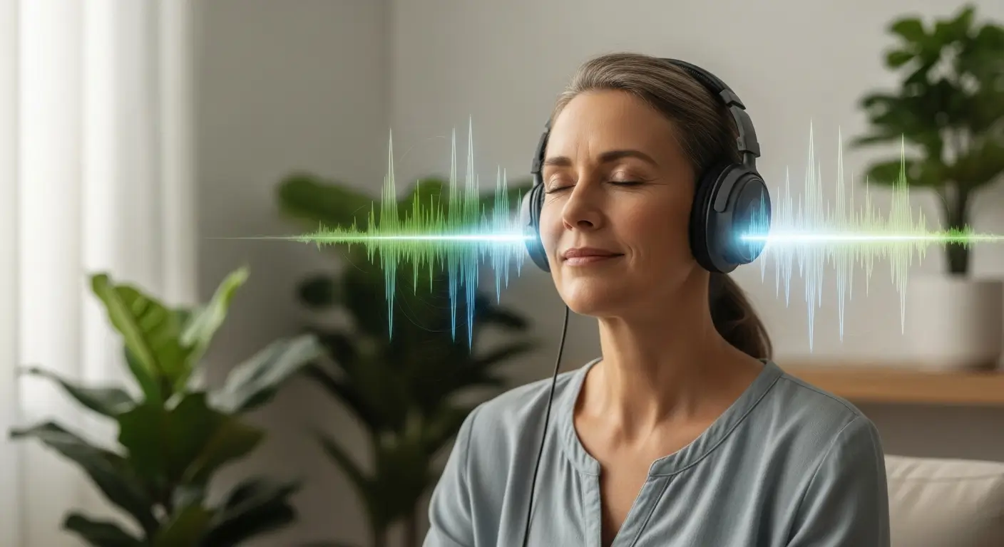 Sound therapy for tinnitus - person wearing headphones in peaceful environment with sound waves visualization