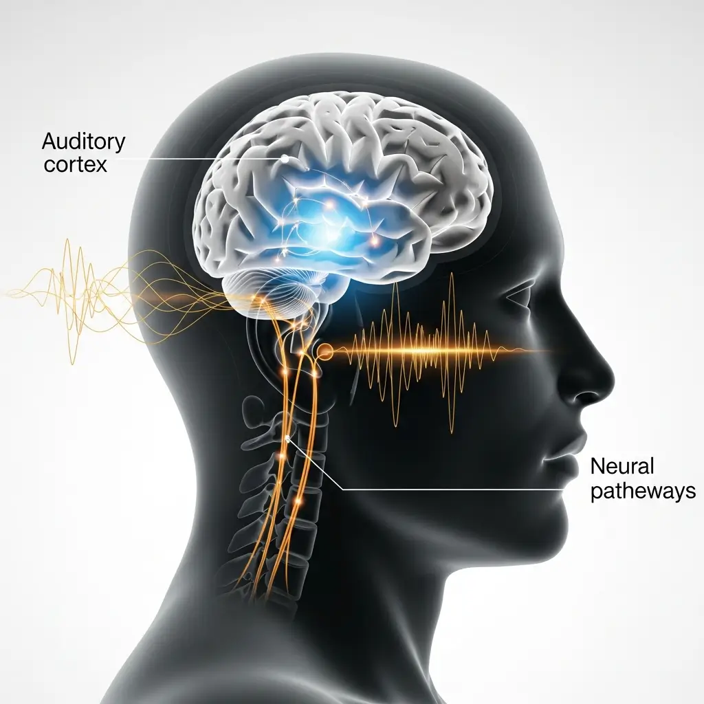 How sound therapy for tinnitus works in the brain - auditory cortex and neuroplasticity illustration