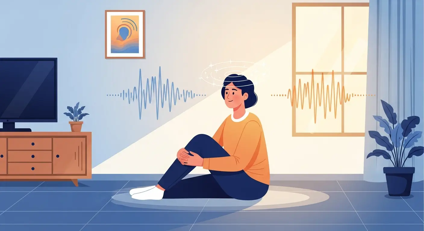 Person managing tinnitus and depression with calm mindfulness techniques in peaceful environment