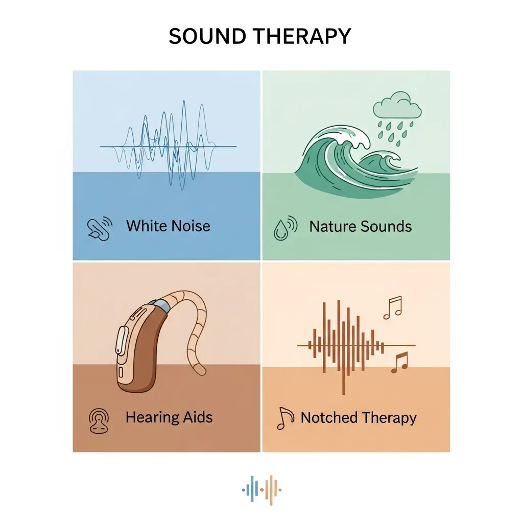 Different types of sound therapy treatment for tinnitus including white noise, nature sounds, and hearing aids