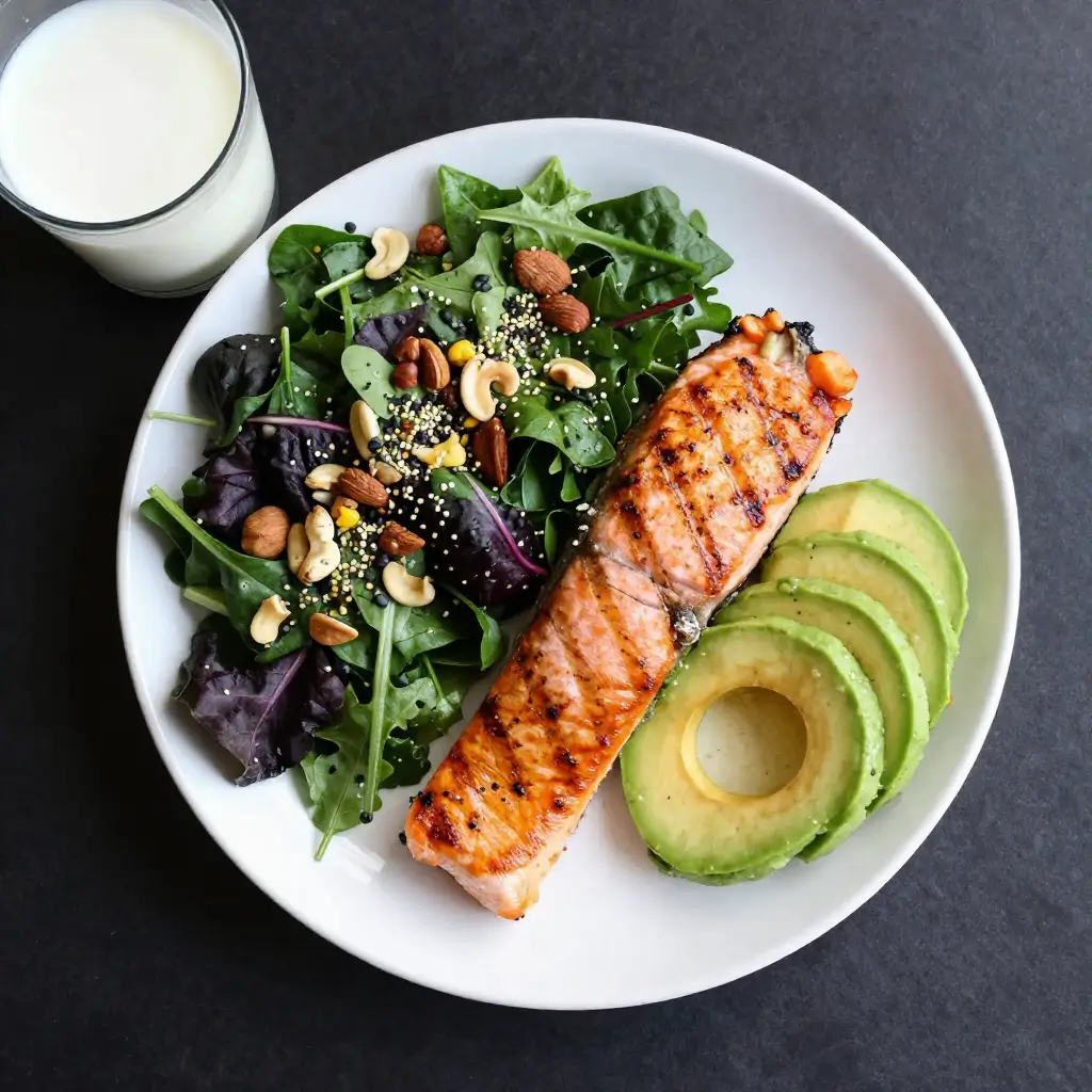 Overhead shot of a balanced meal with hearing health foods including salmon, leafy greens, nuts and seeds