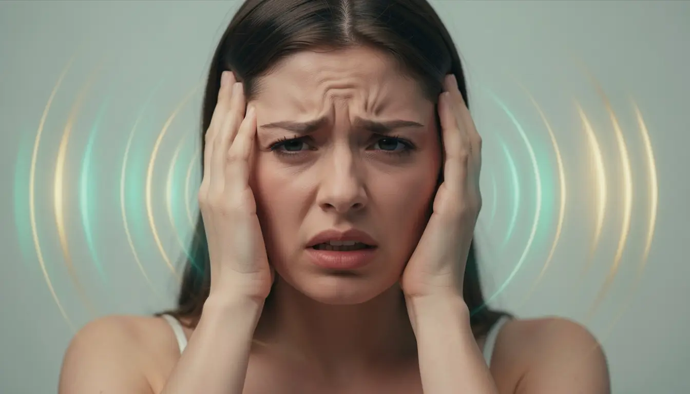 Woman covering ears with sound waves illustrating nutritional deficiency and tinnitus