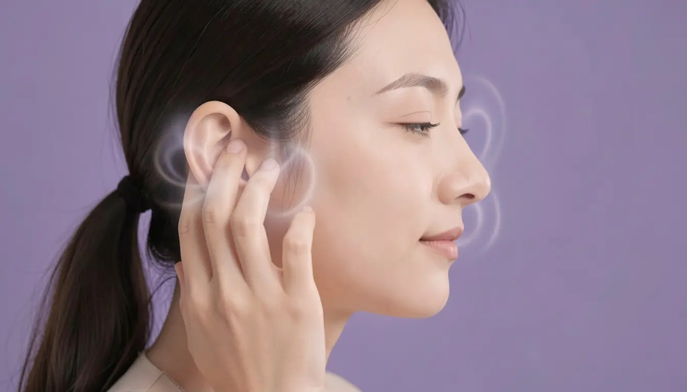 Woman experiencing right ear ringing spiritual meaning with peaceful expression